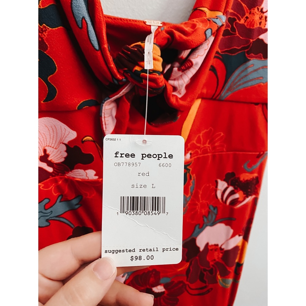 Free People Red Floral Cut Out Knot Dress - Picture 4 of 7